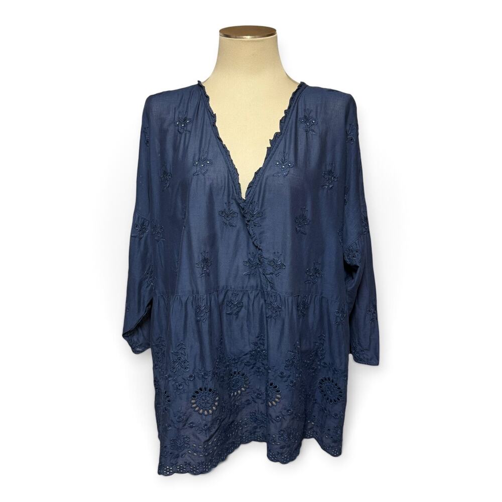 J.Jill Cotton Eyelet V-Neck Puff Sleeve Blouse Top Dark Blue XL